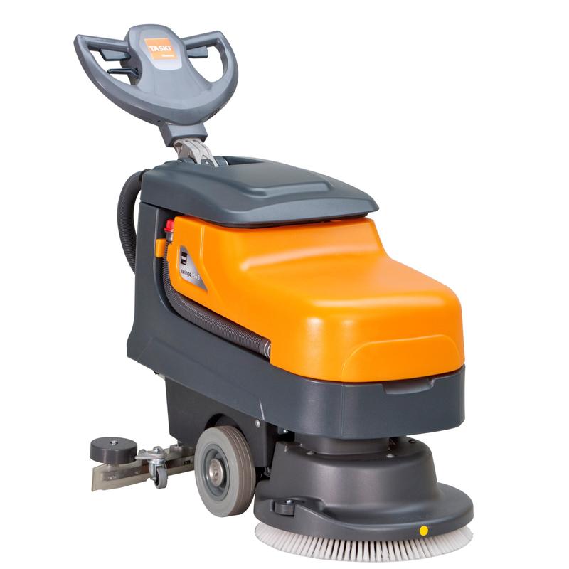 Die TASKI swingo 455 B Li-Ion von Diversey ist eine kompakte, wendige Scheuersaugmaschine für kleine und überstellte Flächen, batteriebetrieben mit externem Ladegerät und Lithium-Batterie, ideal für effiziente Reinigung.