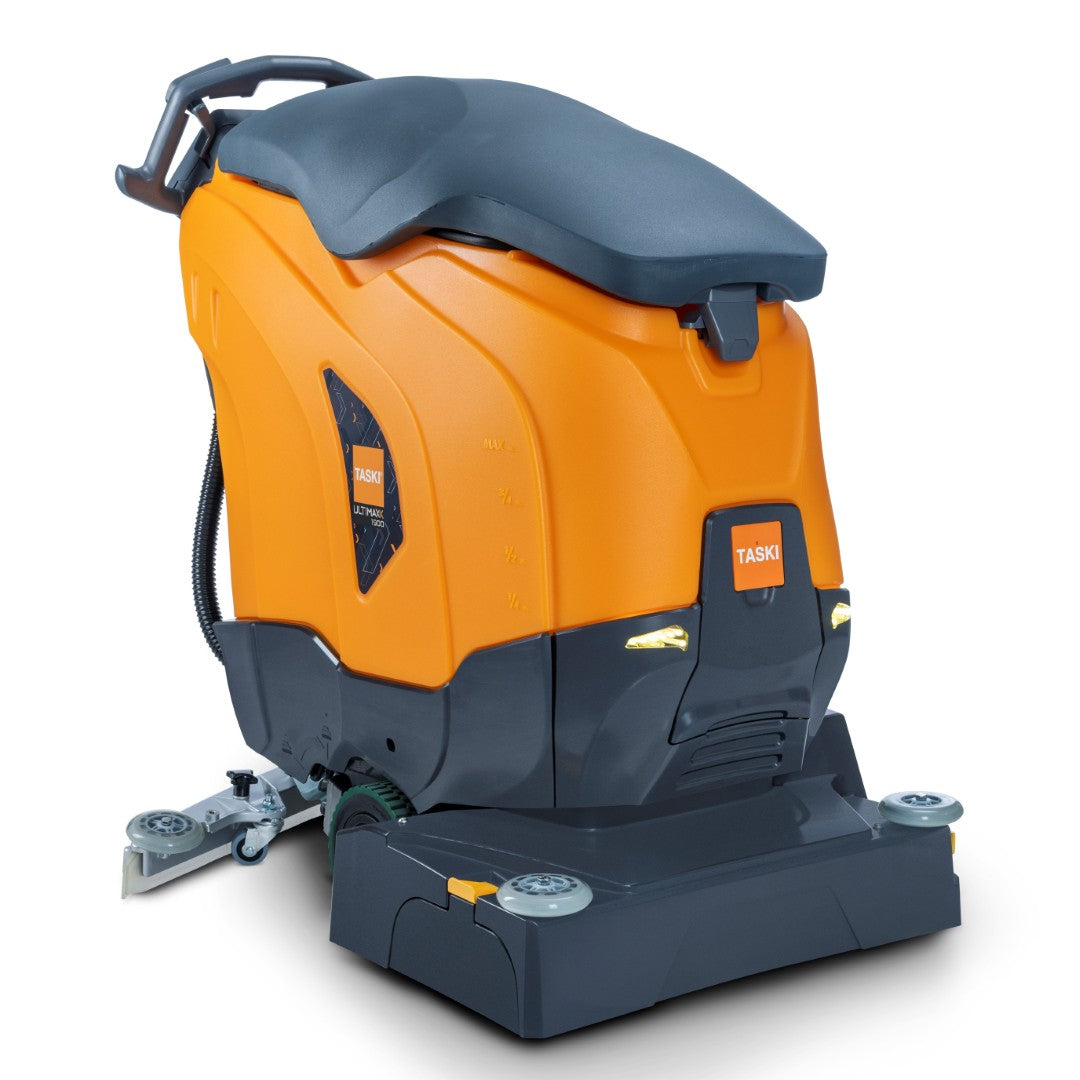 Die orange-graue TASKI ULTIMAXX 1900 RB65 Performance von Diversey Deutschland GmbH & Co. OHG ist eine Scheuersaugmaschine der nächsten Generation mit Radantrieb, 65cm Doppelwalze und 42L Tank zum Schrubben und Trocknen großer Bodenflächen.