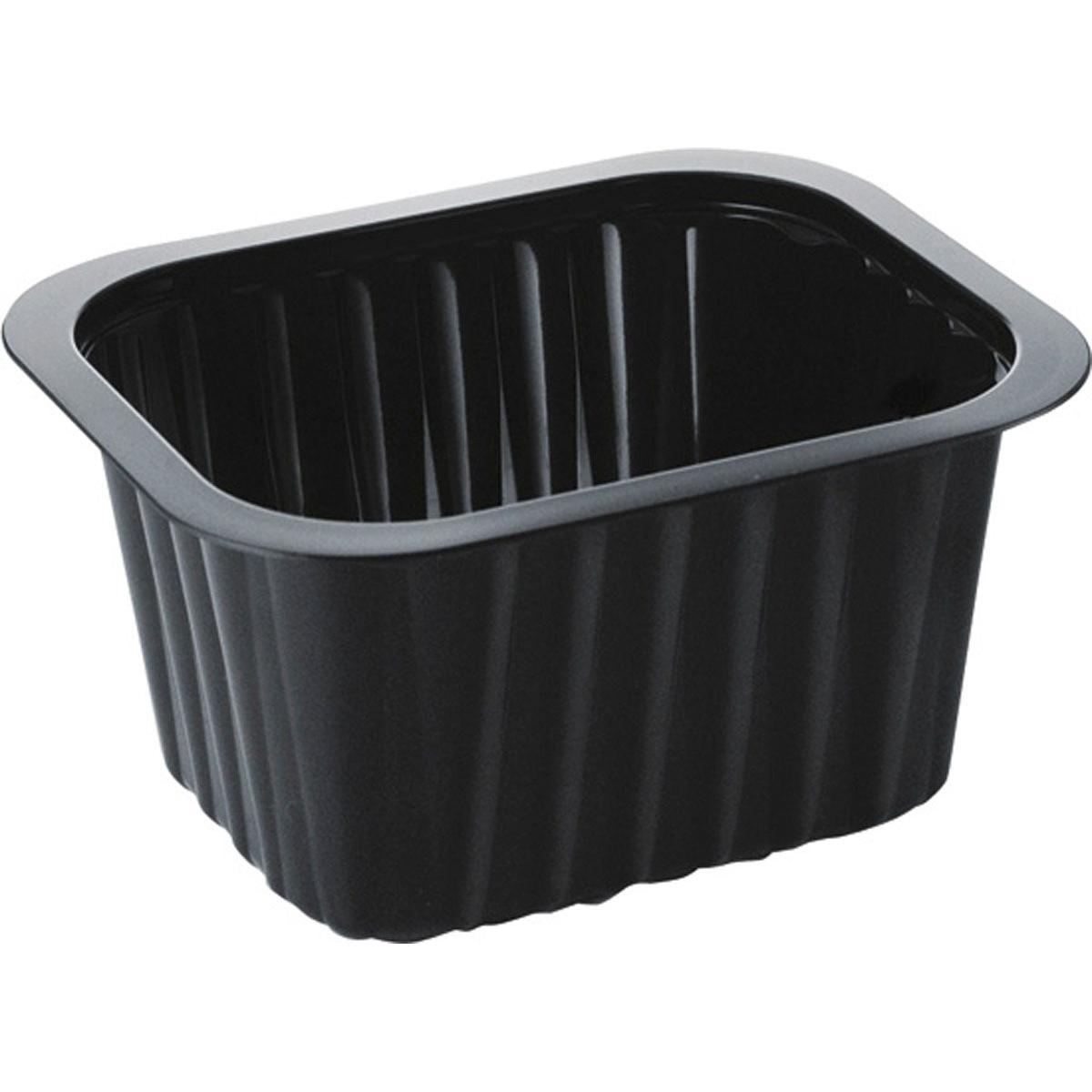 Das PP-Schälchen Schwarz PP 138x114 der Duni GmbH ist ein schwarzes rechteckiges Kunststofftablett mit geriffelten Seiten und breitem Rand, das in der Gastronomie häufig zum Verpacken oder Servieren von Speisen verwendet wird.