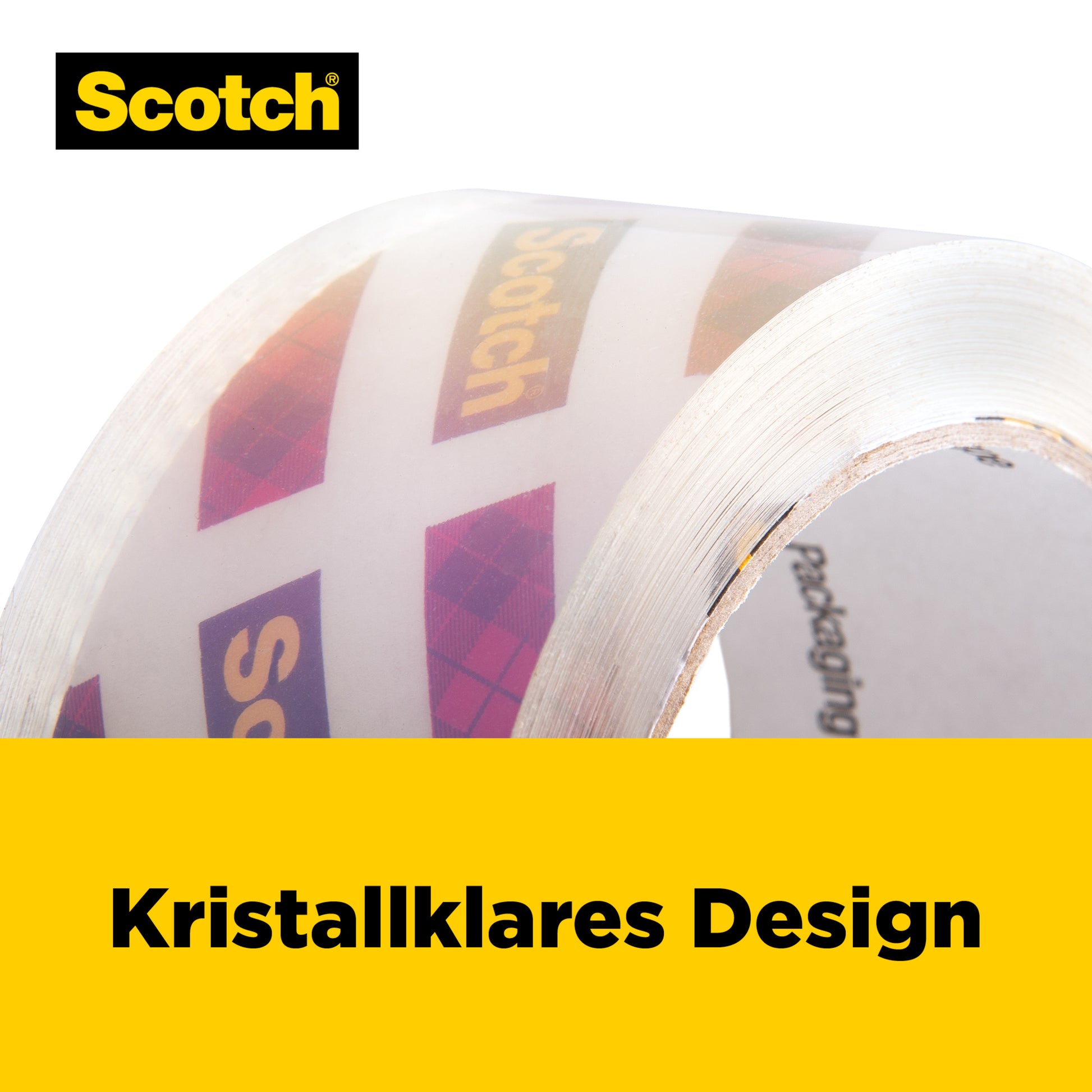 Eine Nahaufnahme einer Rolle Scotch® Box Lock™ Verpackungsklebeband 3950-LR3-DC (48 mm x 50 m, 3 Rollen/Packung) von 3M Deutschland GmbH. Das Scotch-Logo ist sichtbar. Der Hintergrund ist weiß und gelb mit "Kristallklares Design" in fetten schwarzen Buchstaben.