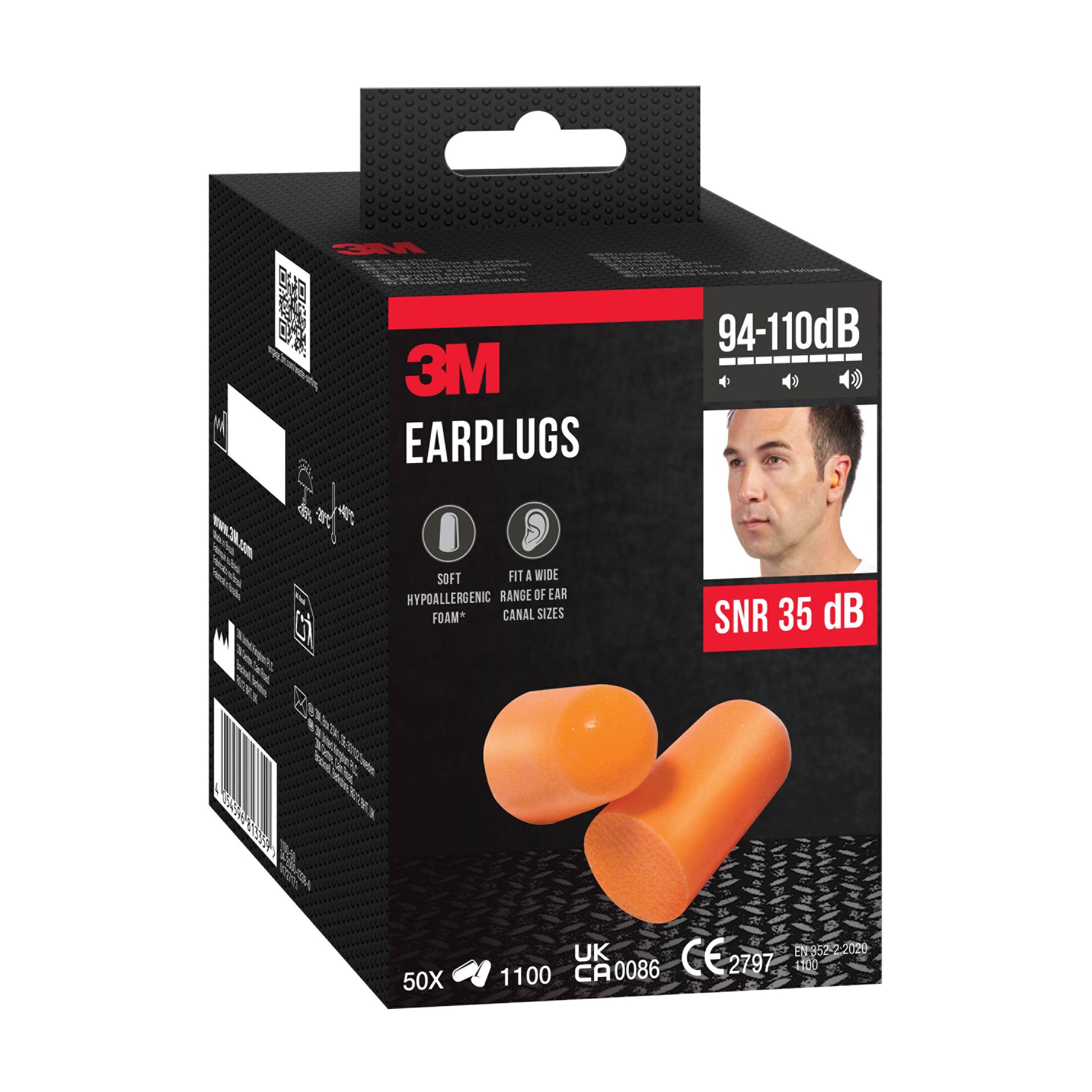 Eine Schachtel 3M™ Gehörschutzstöpsel 1100 Weichschaum (von 3M Deutschland GmbH) in Orange, SNR-Wert 35 dB, mit Produktinformationen, Sicherheitszertifikaten und einem Bild einer Person, die die Gehörschutzstöpsel trägt.
