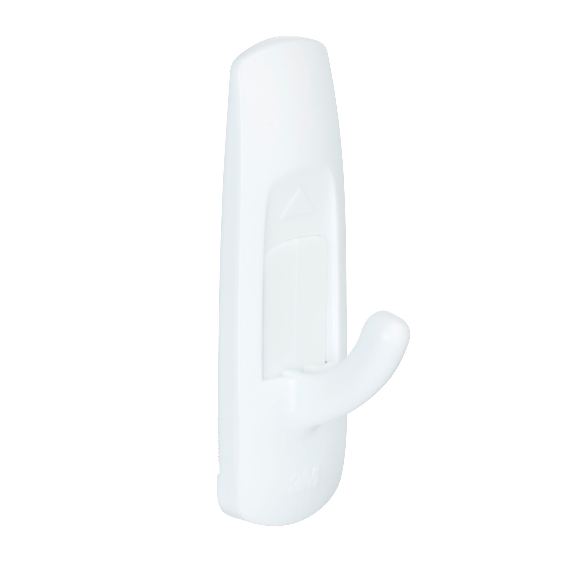 Der 3M Command™ Mehrzweckhaken M, Packung (1 Stück), ist ein weißer Kunststoff-Wandhaken mit gebogenem Haken an rechteckiger Basis und einem kleinen Pfeil über dem Haken.