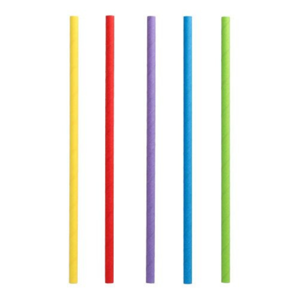 Fünf PAPSTAR Shake-Halme aus umweltfreundlichem und nachhaltigem Papier sind vertikal angeordnet. Von links nach rechts sind ihre leuchtenden Farben Gelb, Rot, Lila, Blau und Grün. Diese Strohhalme heben sich vom weißen Hintergrund ab.