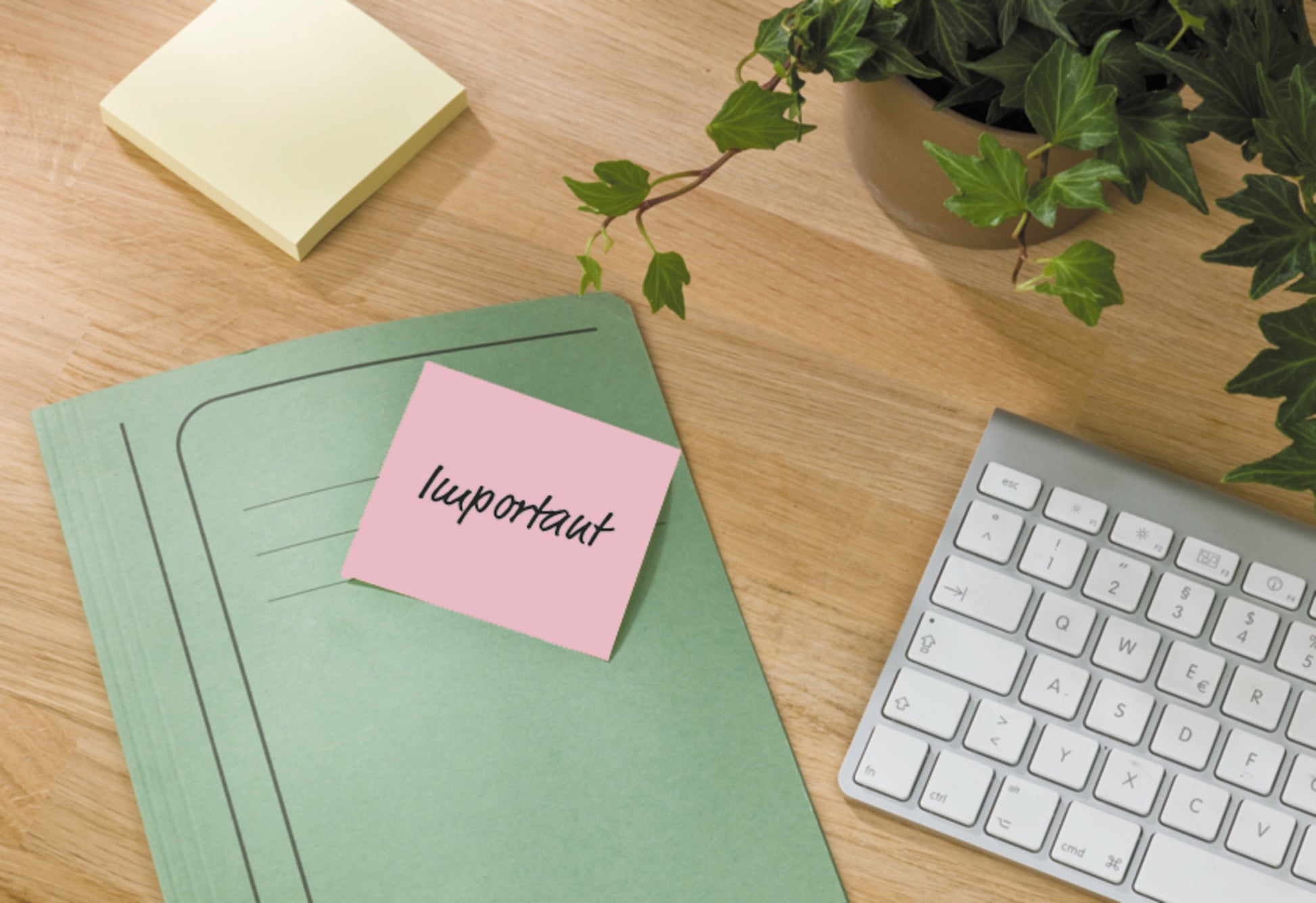 Ein grüner Ordner mit einer rosa Haftnotiz mit der Aufschrift "wichtig" liegt auf einem Holztisch neben einer Tastatur, einer Pflanze und Post-it® Recycling Notes (76 mm x 76 mm, 100 Blatt/Block, 100% PEFC) der 3M Deutschland GmbH.