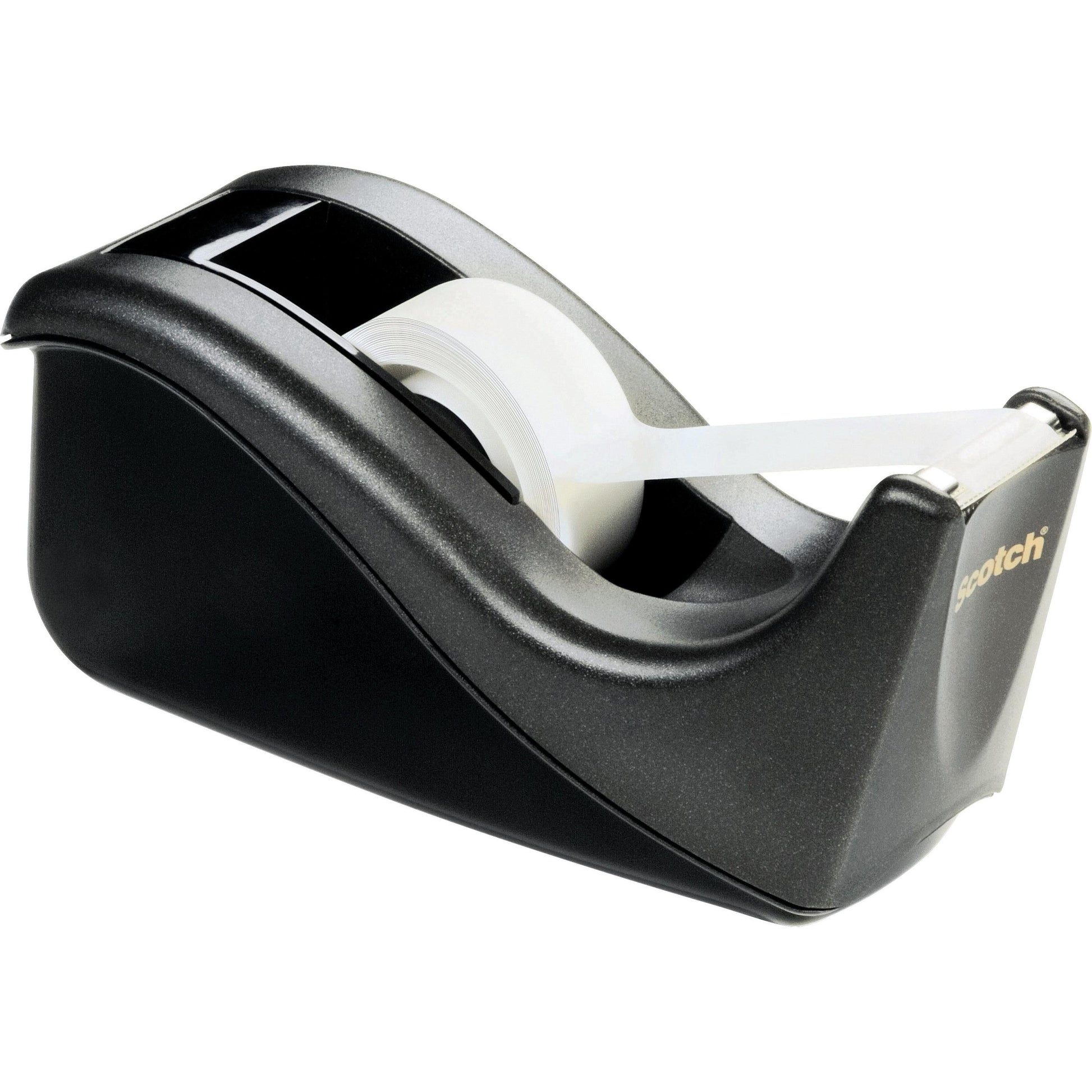 Der Scotch™ Klebeband-Abroller C60 in Schwarz von 3M Deutschland GmbH hält eine Rolle Scotch® Magic™ Unsichtbares Klebeband (19 mm x 33 mm), die einsatzbereit ist. Die Packung enthält 4 Rollen.