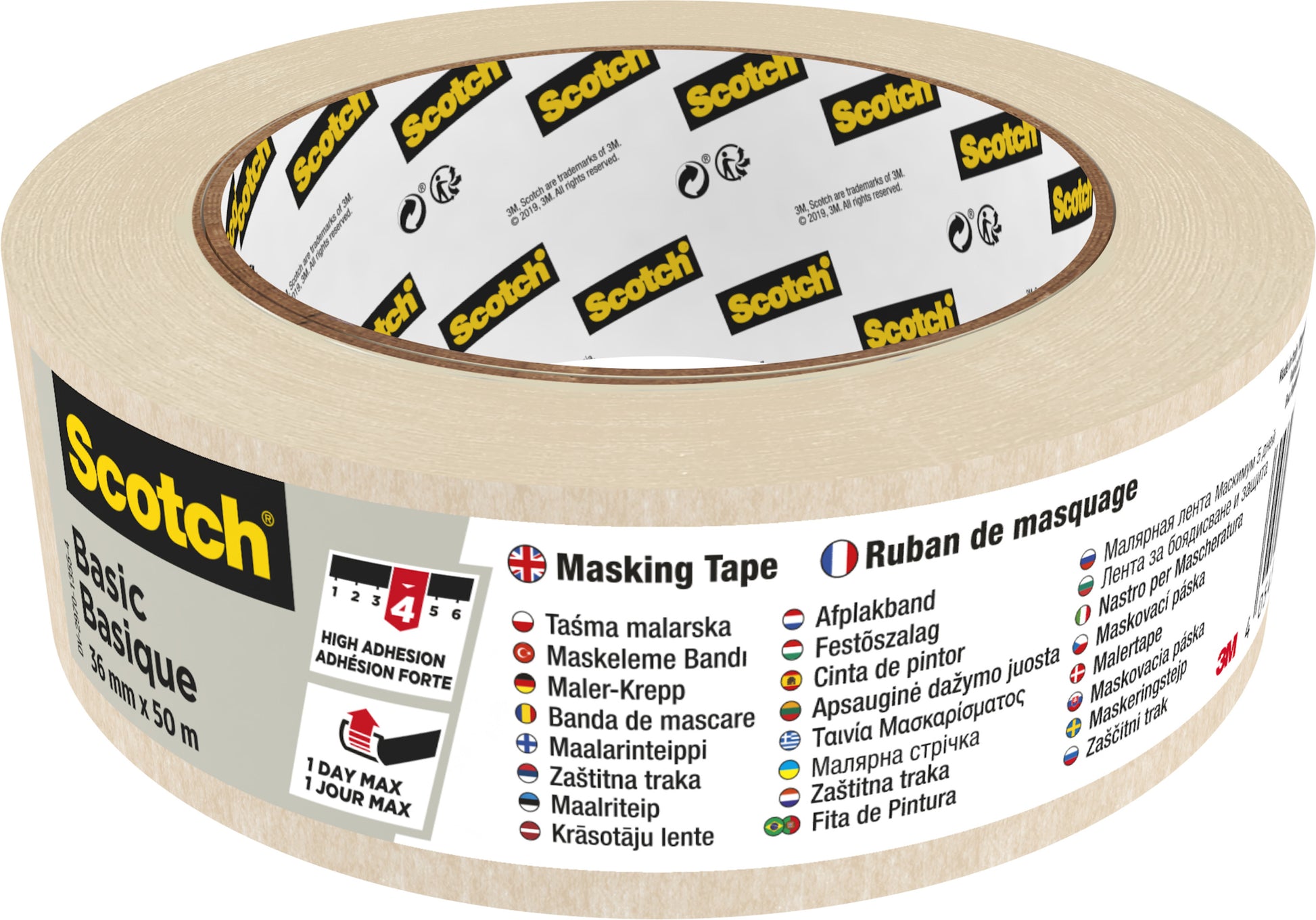 Eine Rolle Scotch® Abdeckband Basic, 50 m von 3M Deutschland GmbH, mit mehrsprachigen Etiketten auf der Innen- und Außenseite, auf denen Produktdetails und Bandspezifikationen angegeben sind.