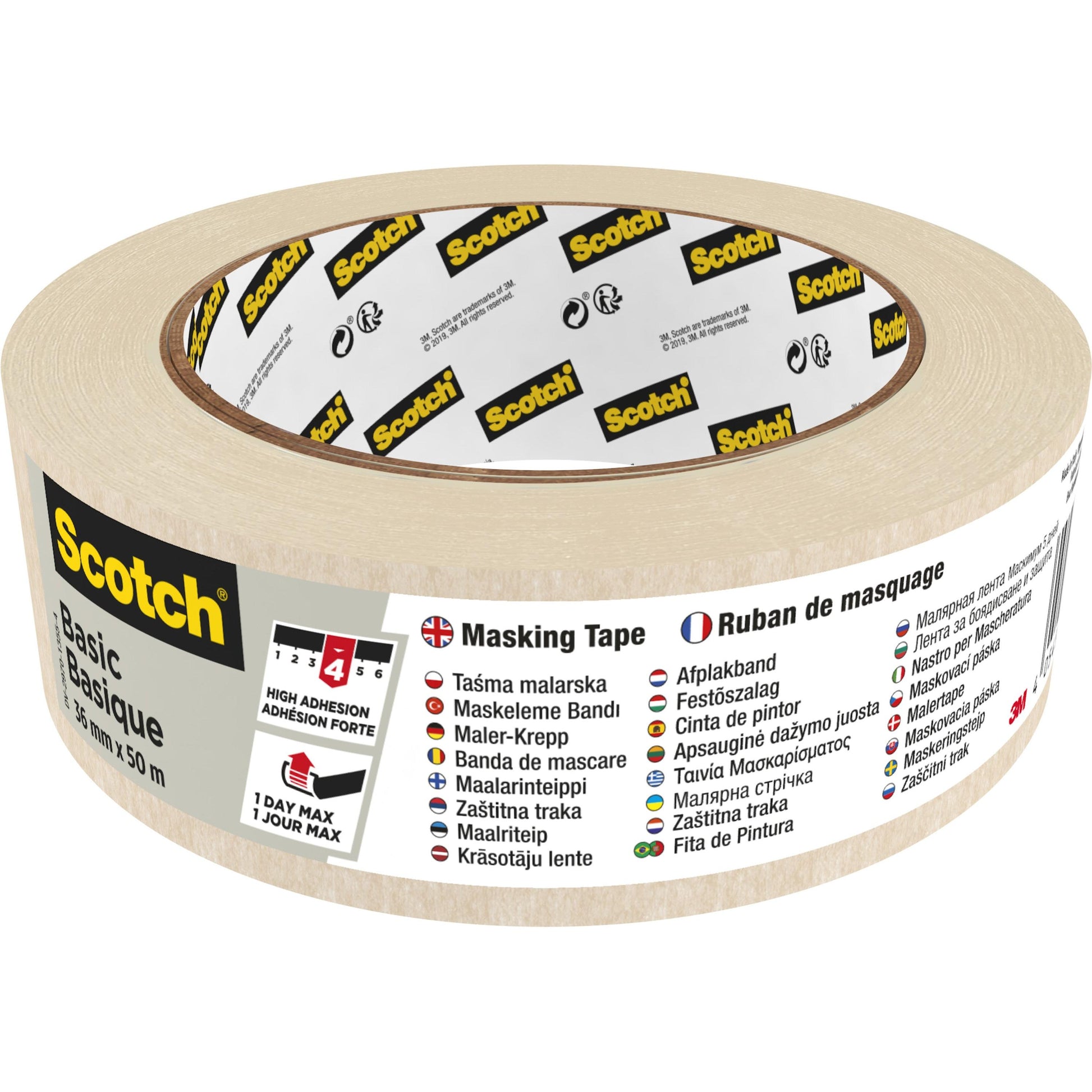Eine Rolle Scotch® Abdeckband Basic, 50 m von 3M Deutschland GmbH, mit mehrsprachigen Etiketten auf der Innen- und Außenseite, auf denen Produktdetails und Bandspezifikationen angegeben sind.