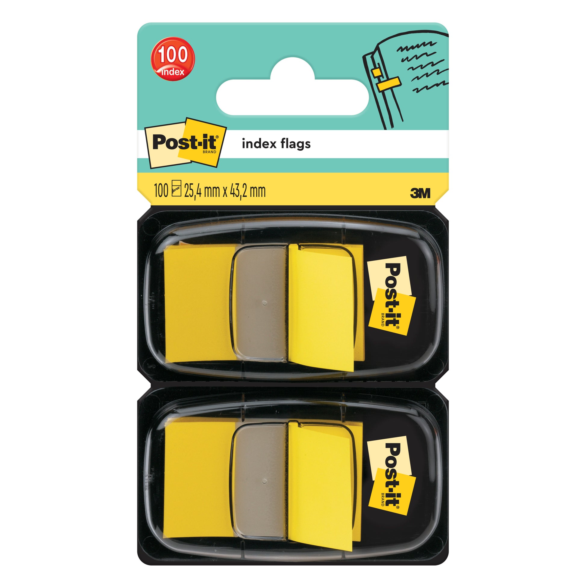 Eine Packung Post-it® Index Haftstreifen der 3M Deutschland GmbH enthält zwei Spender mit je 50 gelben Standardfahnen (25,4 mm x 43,2 mm), also insgesamt 100 Fahnen.