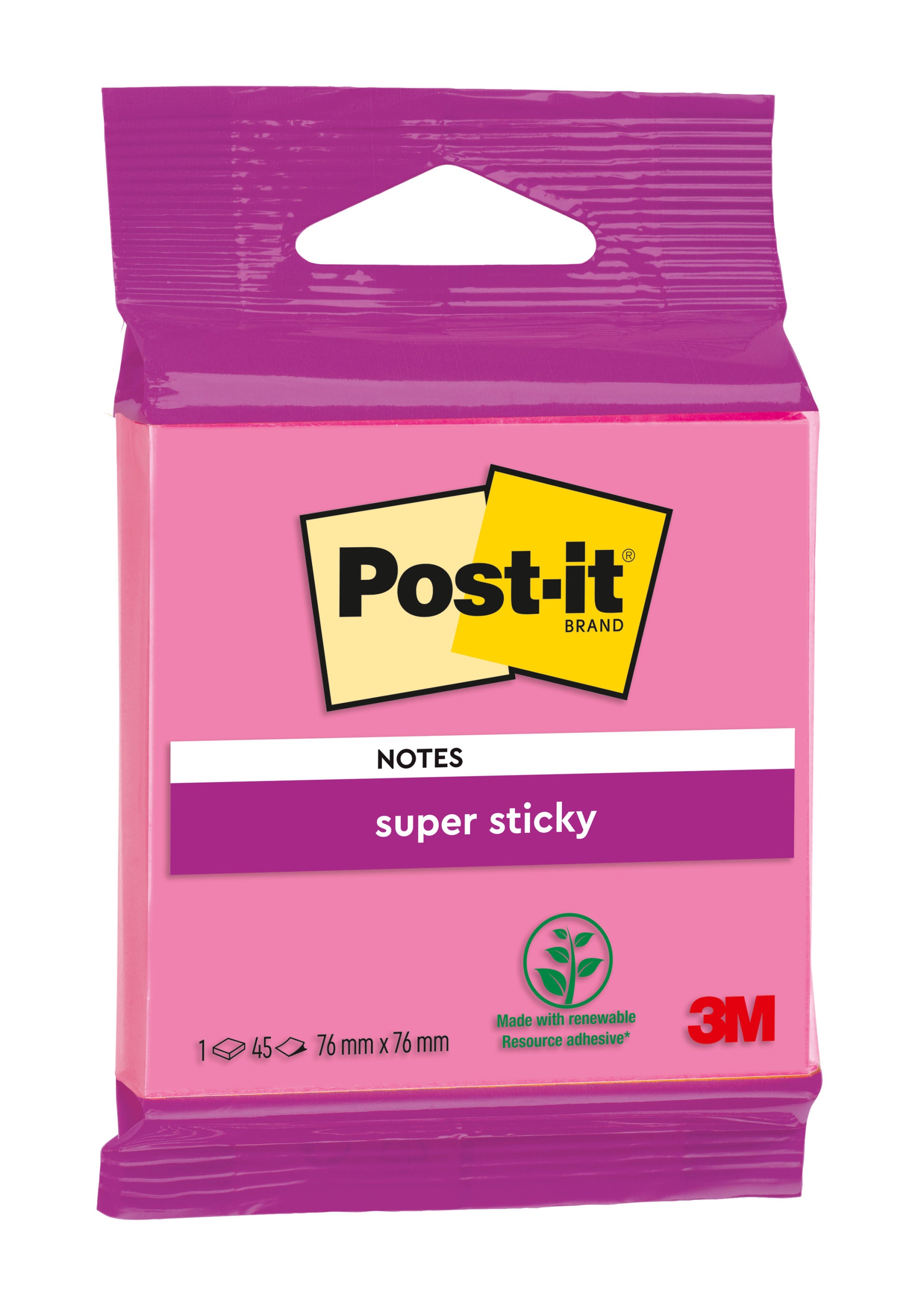 Eine Packung Post-it® Super Sticky Notes von 3M Deutschland GmbH, 76 mm x 76 mm, rosa, 45 Blatt pro Block, PEFC-zertifiziert (100%), mit Post-it-Logo und grünem Klebstoffsymbol für nachwachsende Rohstoffe.
