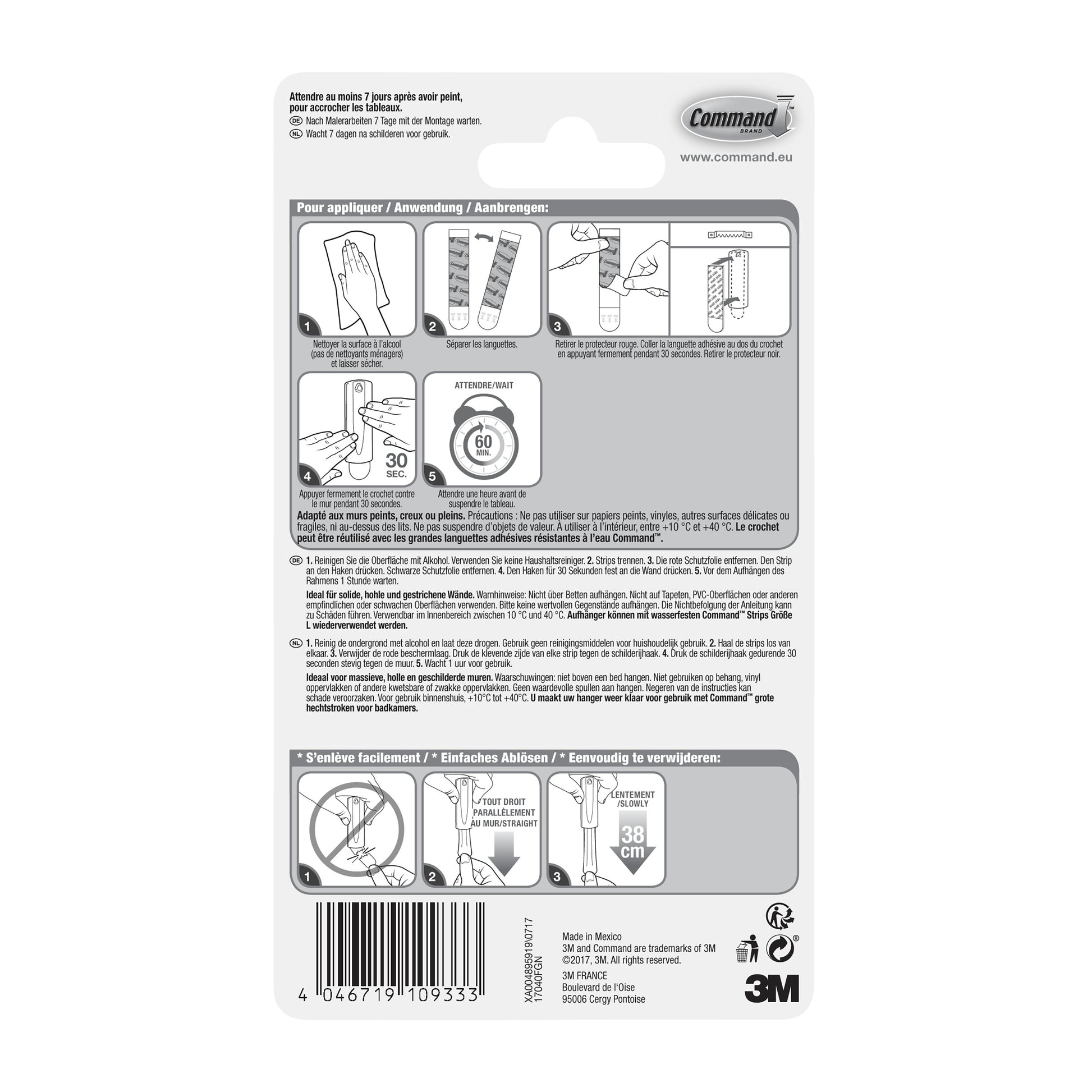 Rückseite der Verpackung des Command™ Sägezahn-Bildernagels 17040 (1 Stück) der 3M Deutschland GmbH, mit Anwendungsschritten, Sicherheitshinweisen, Diagrammen, mehrsprachigem Text, Command- und 3M-Logos, Barcode und Herstellerangaben am unteren Rand.