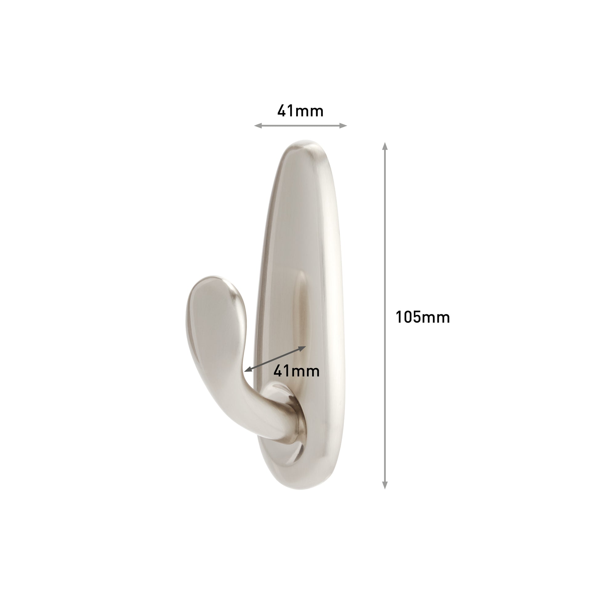 Der Command™ Metallhaken "klassisch" von 3M Deutschland GmbH ist ein silberner Wandhaken mit einer abgerundeten 41 mm breiten Basis, einem 41 mm langen Haken und einer Gesamthöhe von 105 mm, dargestellt auf weißem Hintergrund mit Maßlinien.