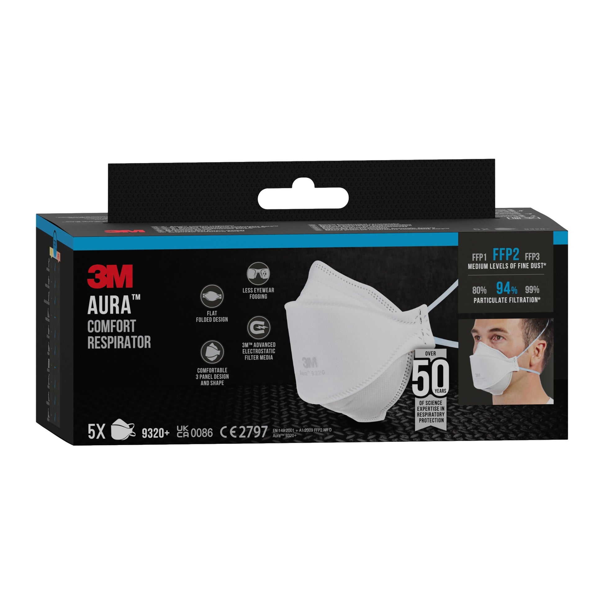 Eine Schachtel 3M™ Aura™ Komfort-Partikelmaske 9320+, FFP2, ohne Ventil von 3M Deutschland GmbH enthält 5 Masken. Die schwarze Verpackung enthält Produktbilder, Beschreibungen und ein Foto einer Person, die die Maske trägt.