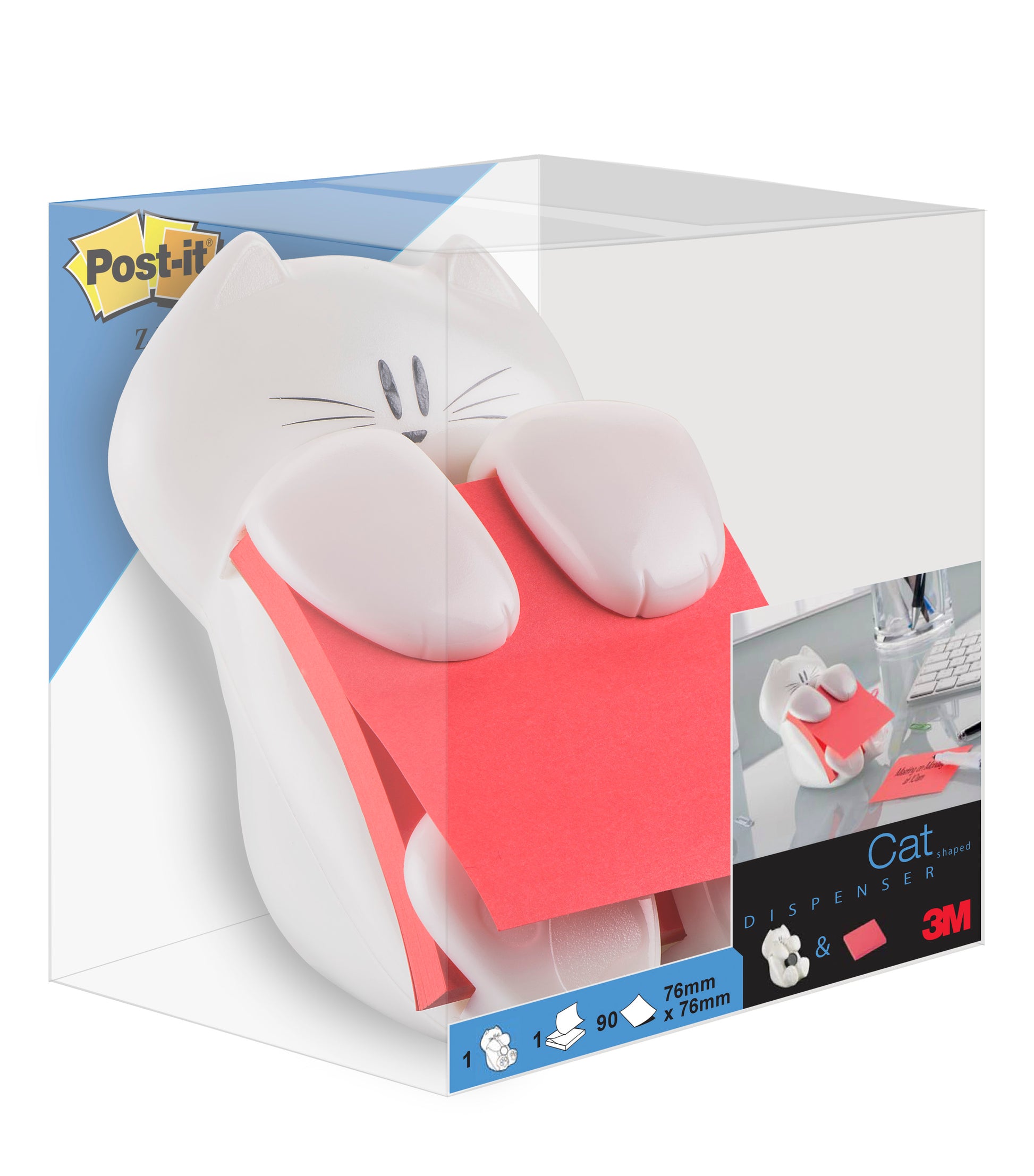 Der Post-it® Z-Notes Dispenser "Katze" in Weiß fasst pinke Super Sticky Z-Notes (76x76 mm, 90 Blatt) und wird in einer Klarsichtbox mit Produktabbildung und 3M Deutschland GmbH Branding verpackt.