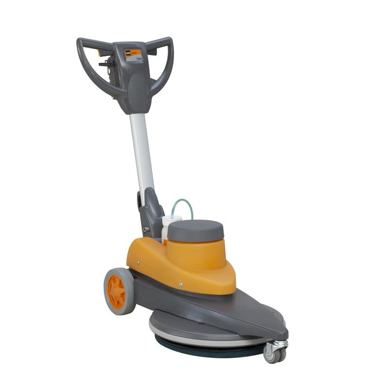 Die TASKI ergodisc 1200 von Diversey Deutschland GmbH & Co. OHG ist eine ultraschnelle Bodenmaschine (1.200 U/min) in Grau und Orange mit zwei Rädern und kreisförmigem Reinigungspad - ideal zum Sprühpolieren und Polieren; inklusive elektrischer Sprühvorrichtung.