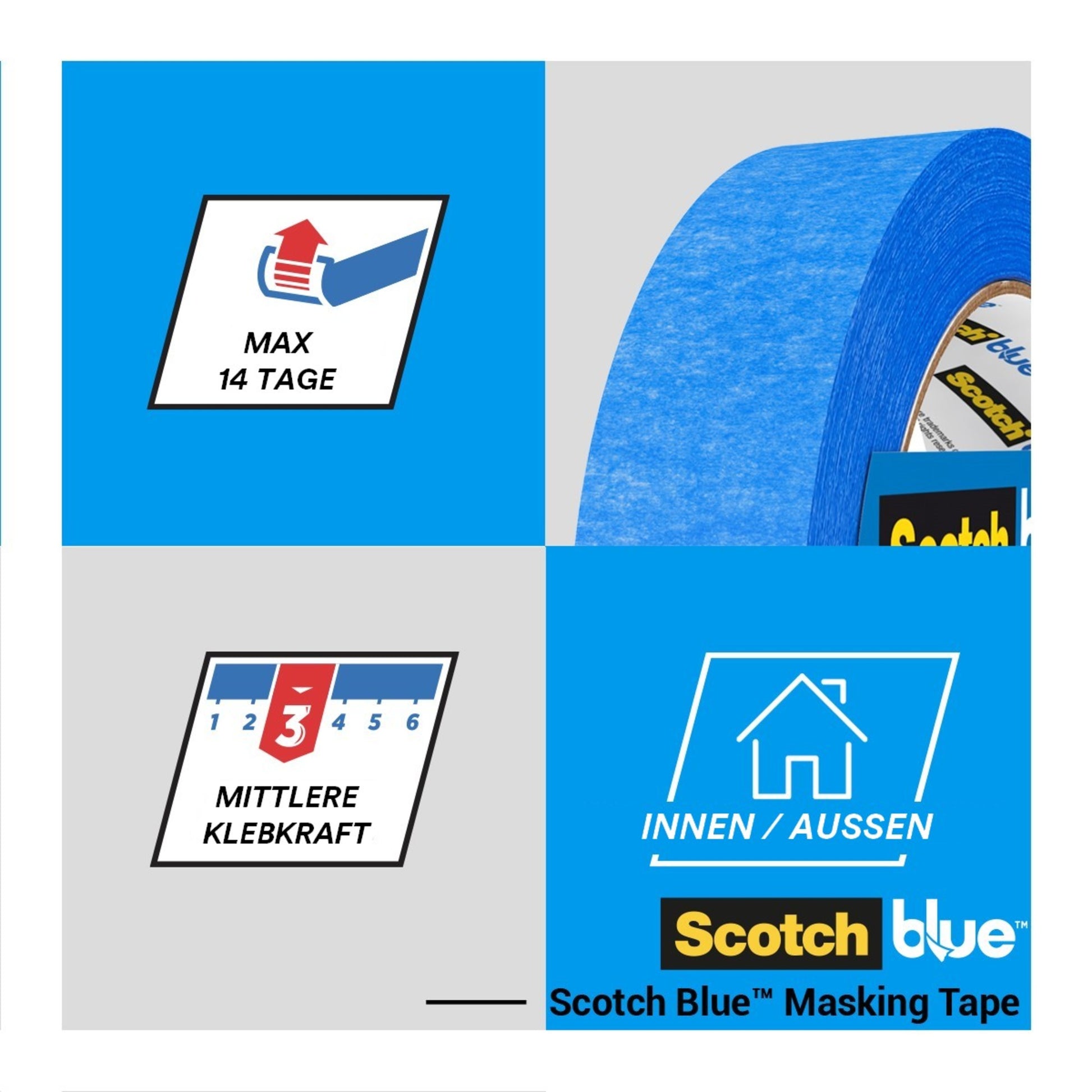Abgebildet ist eine Rolle 3M Deutschland GmbH ScotchBlue™ Malerabdeckband "Multi-Surface" mit Symbolen für eine Verwendungsdauer von bis zu 14 Tagen, eine mittlere Klebkraft und die Eignung für Innen- und Außenanwendungen.