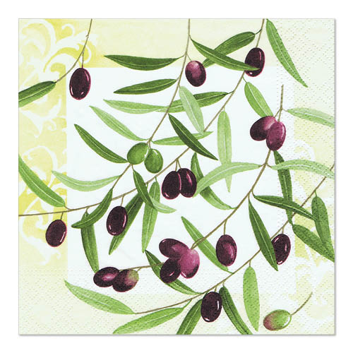 Die PAPSTAR GmbH 20 Servietten, 33 x 33 cm, 3-lagig aus dem Design Set 2 zeigen ein Olivenzweig-Muster mit grünen Blättern und lila Oliven sowie ein gelbes Motiv auf hellem Grund.