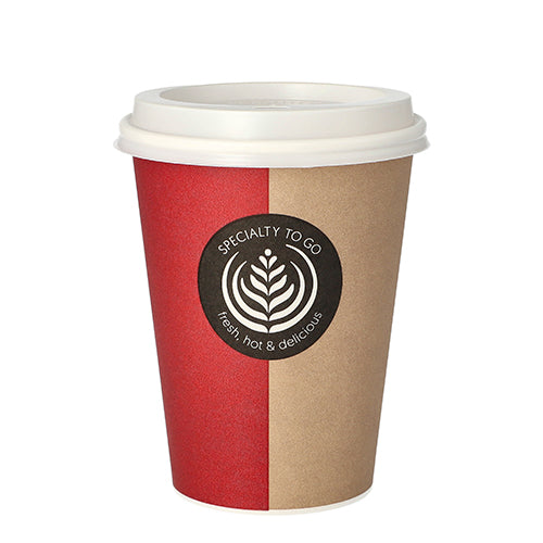 Der Starpak 10 Trinkbecher To Go ist ein Einweg-Kaffeebecher aus Papier mit weißem Kunststoffdeckel, versehen mit einem rot-braunen Spaltdesign und einem schwarzen „SPECIALTY TO GO“-Etikett mit Becher- und Blattillustration.
