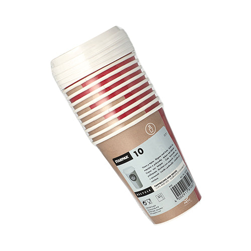 Ein Stapel von 10 Starpak „To Go“ Pappbechern mit Deckel, mit roten und braunen Streifen, ist in Folie verpackt und trägt ein Starpak-Etikett mit Barcode und Recycling-Infos.
