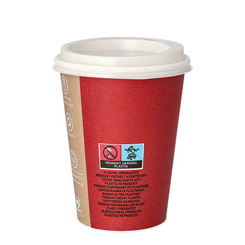 Ein roter Starpak 10 Trinkbecher „To Go“, Kaffeebecher aus Pappe mit weißem Kunststoffdeckel, braunem Seitenteil mit Symbolen und mehrsprachigem Etikett für den Kunststoffinhalt, abgebildet vor einem schlichten weißen Hintergrund.