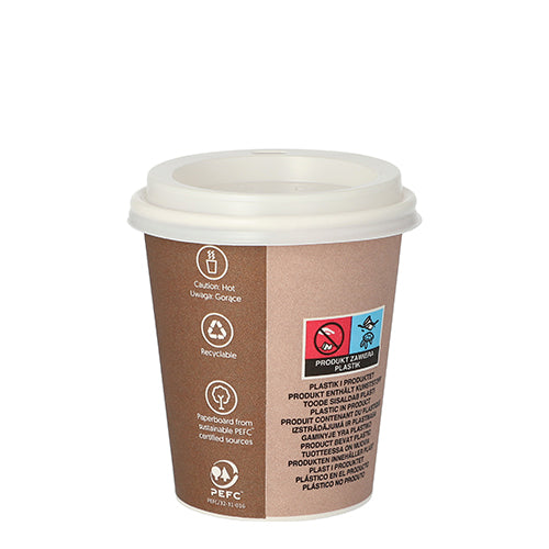 Ein brauner Starpak 10 Trinkbecher, Pappe mit Deckel, PS „To Go“-Becher mit weißem Kunststoffdeckel steht auf einem schlichten weißen Hintergrund und zeigt Recyclingsymbole, Warnhinweise und Produktinformationen an der Seite.