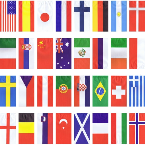 Die PAPSTAR Flaggenkette „32 Nations“ (10 m, Papier) der PAPSTAR GmbH zeigt Flaggen wie die USA, Japan, Frankreich und Brasilien. Schwer entflammbar für Sicherheit – perfekt für Veranstaltungen! 1 Beutel (Stück).