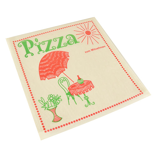 Die PAPSTAR 100 Pergamin-Pizzatüten "Cafeteria" (30x30 cm, fettdicht) zeigen eine rot-grüne Café-Szene mit Tisch, Stühlen, Sonnenschirm, "Pizza" unter einer roten Sonne in der oberen rechten Ecke und einem rot gepunkteten Rand. Marke: PAPSTAR GmbH.