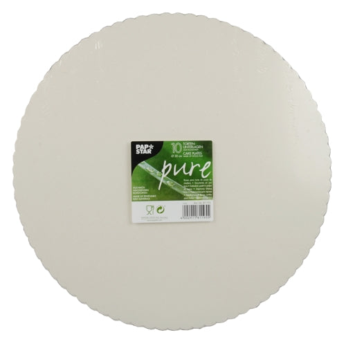 Abgebildet ist ein Set mit 10 runden, weißen PAPSTAR Tortenplatten aus umweltfreundlichem Karton. Jede Platte hat einen gewellten Rand und ist mit dem grün-weißen „Papstar Pure“-Label versehen. Der Hintergrund ist schlicht weiß.