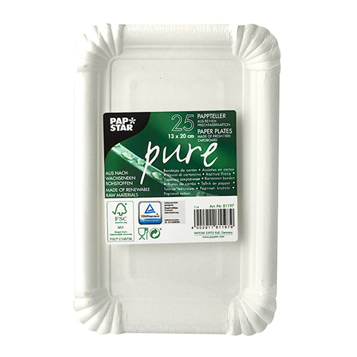 Eine Packung mit 25 runden weißen PAPSTAR „pure“-Einwegtellern aus nachhaltigem Karton der PAPSTAR GmbH, umweltfreundlich und aus nachwachsenden Rohstoffen hergestellt, jeder einzeln in Plastik verpackt mit einem grünen „Pap Star Pure“-Etikett.