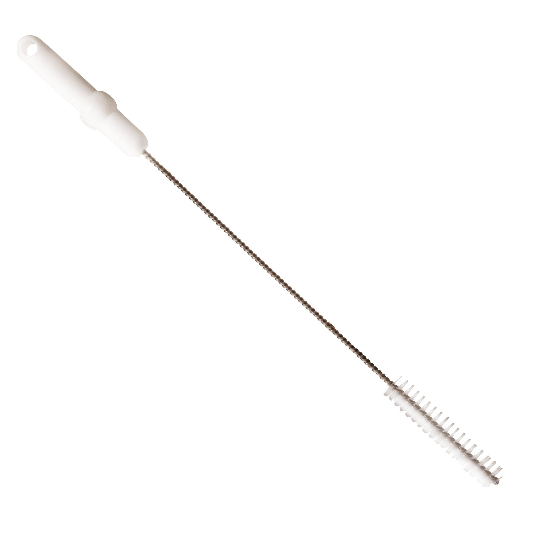 Die Haug Bürsten KG Rohrbürste mit V2A Edelstahldraht, PP/PBT Hart 500 x ø20 mm in weiß ist ideal für die professionelle Rohrreinigung. Sie verfügt über einen langen Edelstahlstiel mit weißen Borsten, die auf einem unifarbenen Hintergrund abgebildet sind.