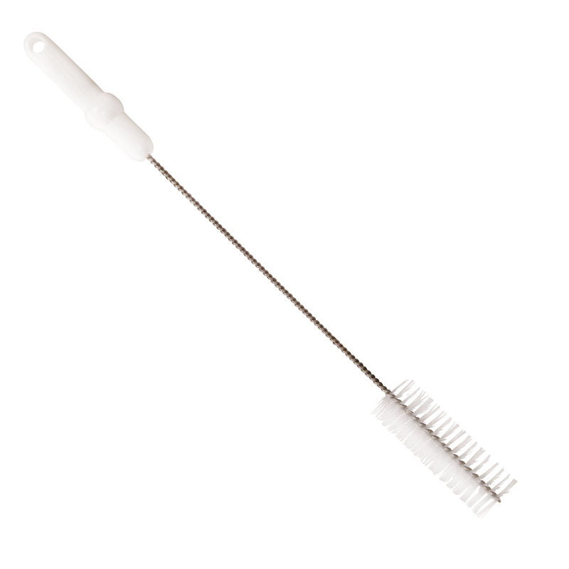 Die Haug Bürsten KG Haug Rohrbürste mit V2A Edelstahldraht PBT Mittel 500 x ø40 mm, in weiß, hat steife Borsten und einen langen Edelstahlstiel zum einfachen Greifen - perfekt für die hygienische Rohrreinigung. Einfacher weißer Hintergrund.