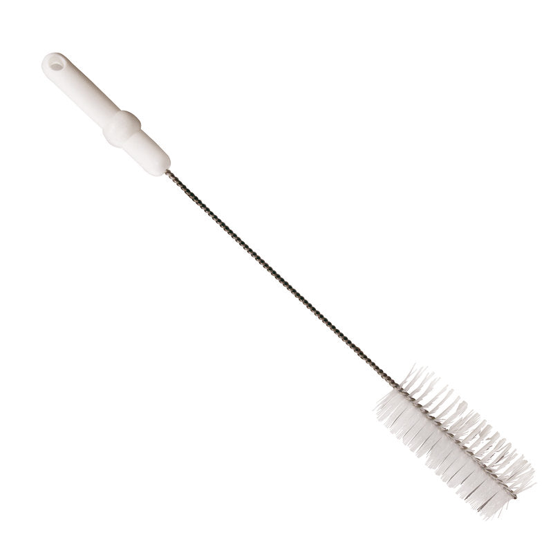 Die Haug Bürsten KG Rohrbürste PBT Mittel 500 x ø60 mm, hier mit weißem Griff und zylindrischen Borsten, ist ideal für die Reinigung von Flaschen oder schmalen Behältern. Erhältlich in verschiedenen Farben.