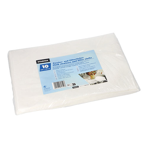 Die Starpak 10 Passier- und Filtertücher (100x100 cm, weiß) werden in einer transparenten Folienverpackung mit Produktdetails und Bildern auf dem Etikett geliefert. Jede Packung enthält 10 weiße Filtertücher – ideal für die Küche.