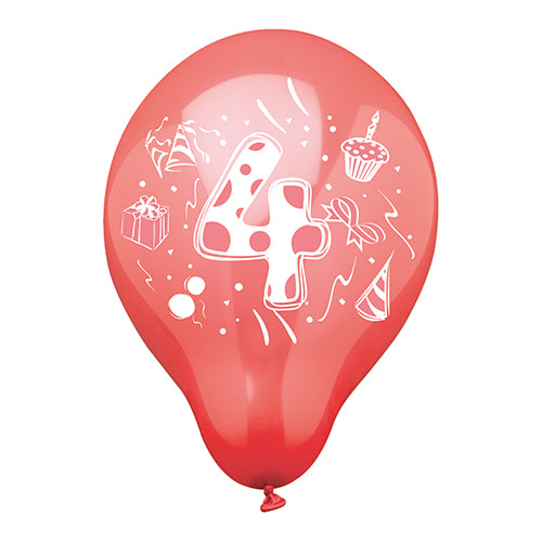 Ein PAPSTAR 6 Zahlenluftballons Ø 25 cm farbig sortiert von der PAPSTAR GmbH zeigt eine kräftige weiße Zahl 4 mit bunten Cupcake-, Geschenkbox-, Partyhütchen- und Konfetti-Illustrationen – perfekt für festliche Anlässe.