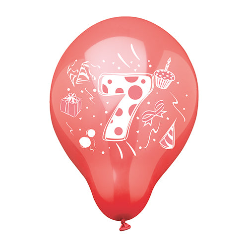 Ein PAPSTAR 6 Zahlenluftballon (Ø 25 cm, farbig sortiert) von PAPSTAR GmbH zeigt eine große weiße Ziffer und ist mit Partyhut, Cupcake mit Kerze, Geschenk, Schleife sowie Konfetti illustriert.