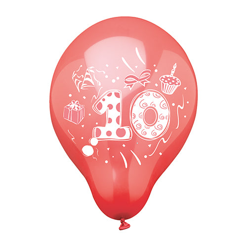 Ein Set mit 6 bunten PAPSTAR Zahlenluftballons (Ø 25cm) mit weißem Aufdruck, darunter die Zahl 10 und festliche Motive – ideal für den 10. Geburtstag oder das Jubiläum. Von der PAPSTAR GmbH.