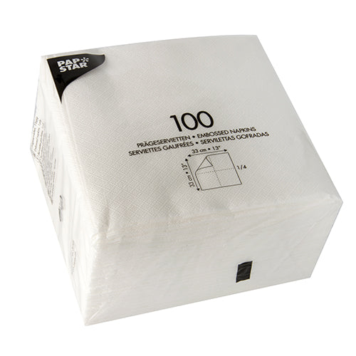 Eine versiegelte Packung mit 1200 weißen PAPSTAR-Servietten, 1-lagig, 1/4-Falz (33x33 cm) der PAPSTAR GmbH, FSC®-zertifiziert und umweltfreundlich; Produktdetails und Größe sind auf der Verpackung aufgedruckt.