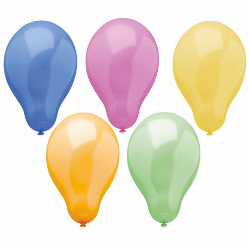 Fünfzig bunte Latexballons „Trend“ (Ø 25 cm) der PAPSTAR GmbH sind auf weißem Hintergrund arrangiert. Die glänzenden, ovalen Ballons mit abgebundenen Enden eignen sich perfekt als Partyzubehör. Lieferung im Beutel zu 50 Stück, farbig sortiert.