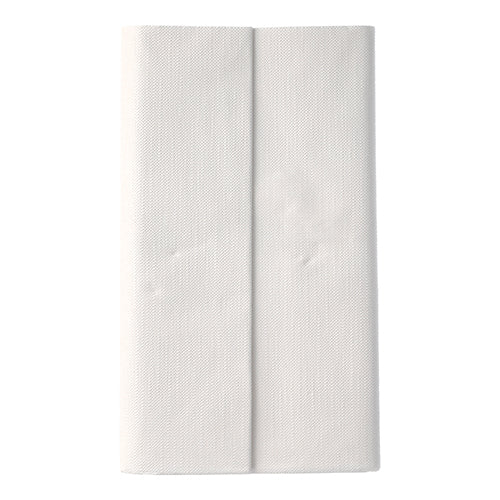 Eine weiße PAPSTAR Tischdecke aus der ROYAL Collection (120 x 180 cm) der PAPSTAR GmbH wird vertikal in zwei Bahnen gefaltet und auf einen schlichten weißen Hintergrund gesetzt, wodurch ihr hochwertiges Design hervorgehoben wird.