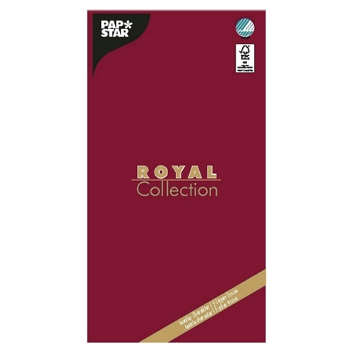 Ein kastanienbraunes rechteckiges Paket mit der Aufschrift „PAPSTAR Tischdecke, Tissue ROYAL Collection 120 cm x 180 cm“ der PAPSTAR GmbH verfügt über gold-weißen Text, ein blaues rundes Etikett und ein schwarz-weißes Zertifizierungslogo – ideal für jede Tischdekoration.