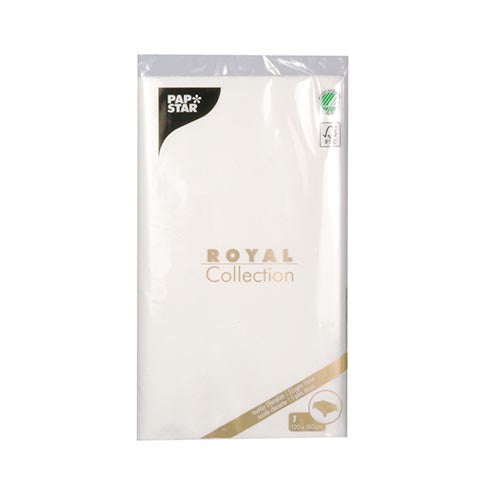 Eine versiegelte Tischdecke der PAPSTAR GmbH, Tissue „ROYAL Collection“ (120 cm x 180 cm), trägt den Namen und die Produktinformationen der ROYAL Collection in Schwarz und Gold – perfekt zum Kombinieren mit passenden Qualitätsservietten.