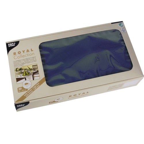 Die beigefarbene Box der PAPSTAR GmbH mit der Aufschrift „ROYAL Collection“ enthält 20 blaue Tissue-Mitteldecken zur Tischdekoration im Format 80x80 cm, mit transparentem Fenster und Tischgedeck-Motiven auf der Verpackung.