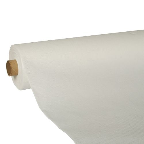Eine große Rolle Tischdecke der PAPSTAR GmbH, Tissue „ROYAL Collection“, ist teilweise abgerollt und gibt den Blick auf das glatte, hochwertige weiße Tissue-Material mit Kartonkern frei. Die Tischdecke wirkt schlicht und musterlos.