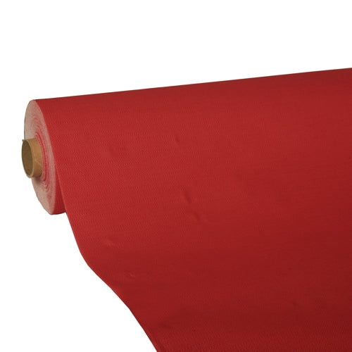 Eine große Rolle PAPSTAR Tischdecke, Tissue „ROYAL Collection“ der PAPSTAR GmbH, ist teilweise entrollt und gibt den Blick auf den Kartonkern frei. Der hochwertige Tissue-Stoff ist auf einem schlichten weißen Hintergrund zu sehen.