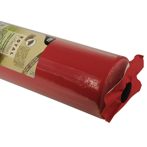 Eine Nahaufnahme einer gerollten Tischdecke der PAPSTAR GmbH, Tissue „ROYAL Collection“, zeigt das angebrachte Etikett und hebt die strukturierte, glänzende Oberfläche dieser Premium-Tischdecke von PAPSTAR hervor.