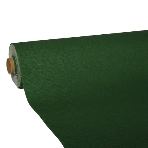 Eine Nahaufnahme einer teilweise abgerollten Rolle Tischdecke der PAPSTAR GmbH, Tissue „ROYAL Collection“, in Dunkelgrün zeigt ihre hochwertige Tissue-Qualität vor weißem Hintergrund.