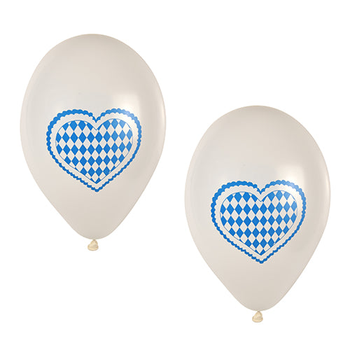 Zwei PAPSTAR Luftballons „Bayrisch Blau“ mit weißen Rautenherzen aus dem 20er-Beutel (Ø 25 cm, PAPSTAR GmbH) dienen als stilvolle Partydeko vor schlichtem, weißem Hintergrund.