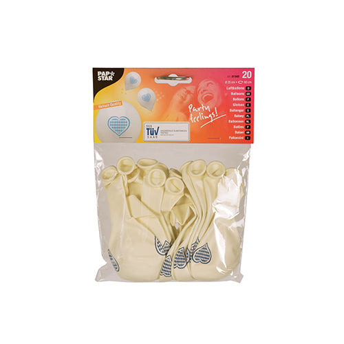 In einem transparenten Plastikbeutel der PAPSTAR GmbH befinden sich 20 weiße Luftballons (Ø 25 cm) mit bayrisch-blauem Herzmuster – ideal für die Partydekoration. Produktinformationen in verschiedenen Sprachen sind oben abgebildet.
