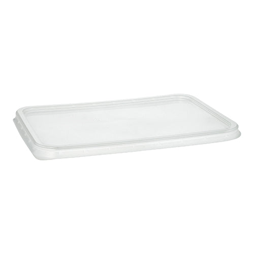 Ein Starpak 50 Deckel für Verpackungsbecher, PP transparent, 0,7 x 18,6 x 13,3 cm (50 Stück), ist auf weißem Grund abgebildet. Er verfügt über einen erhöhten Rand und liegt flach auf, um den passenden Behälter abzudecken und zu verschließen.