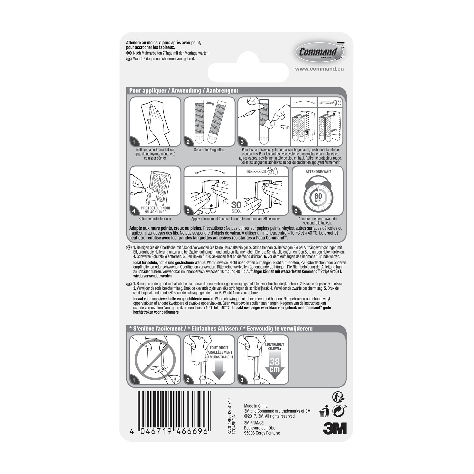 Rückseite einer Command™ Universal-Klebenagel XL 17048 (1 Stück) Verpackung der 3M Deutschland GmbH mit mehrsprachiger Montageanleitung, Schwarz-Weiß-Abbildungen, Text, Barcode unten und 3M Logo in der rechten unteren Ecke.