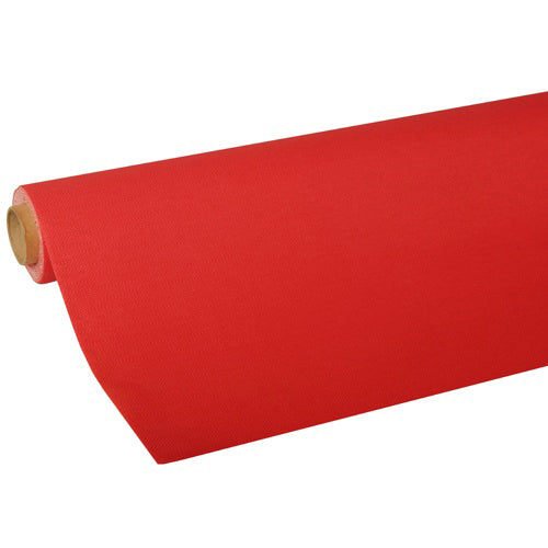 Eine teilweise entrollte PAPSTAR-Tischdecke aus der ROYAL-Kollektion der PAPSTAR GmbH zeigt ein glattes, festes rotes Seidenpapier in hochwertiger Qualität, sauber um eine Pappröhre gewickelt.